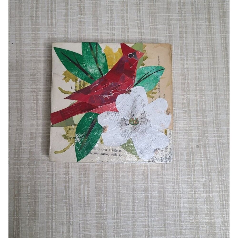 Cardinal Original Mixed Media 6"x6" Torn Paper‎ Collage By Cindy Smith Featuring